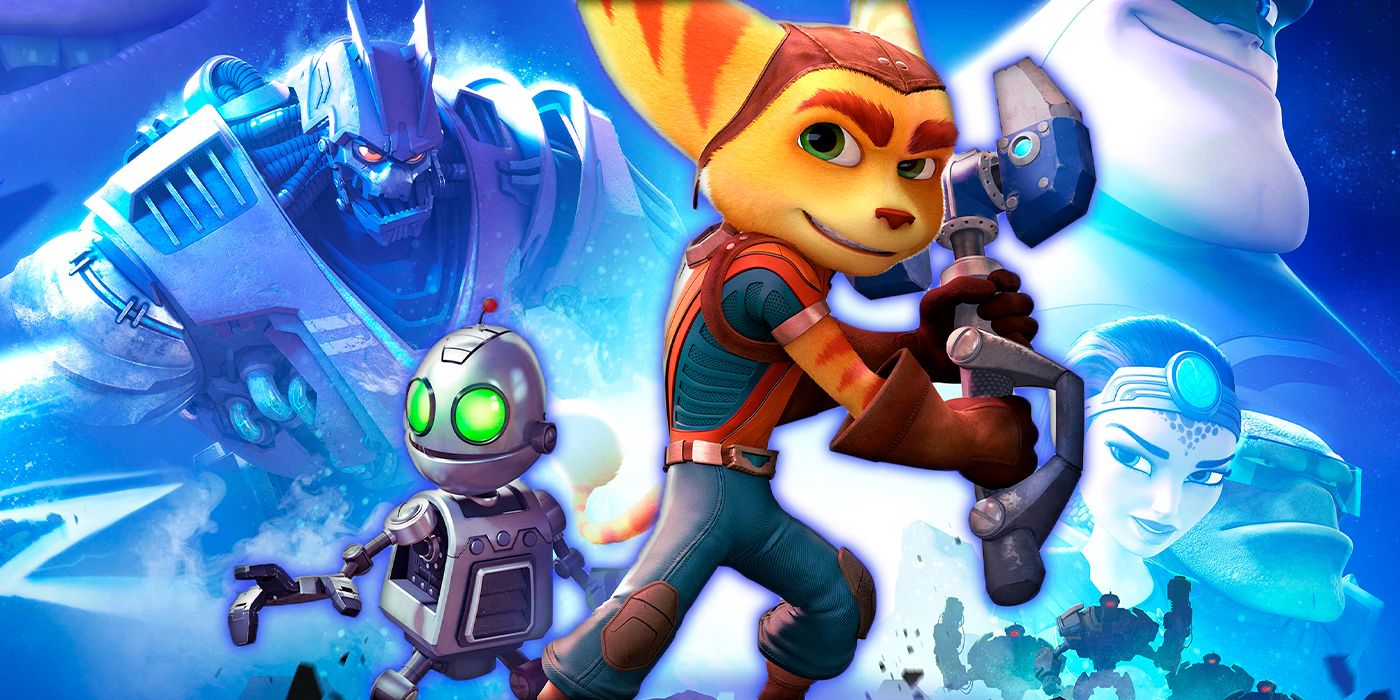 Ratchet & Clank posant avec des PNJ sur fond bleu