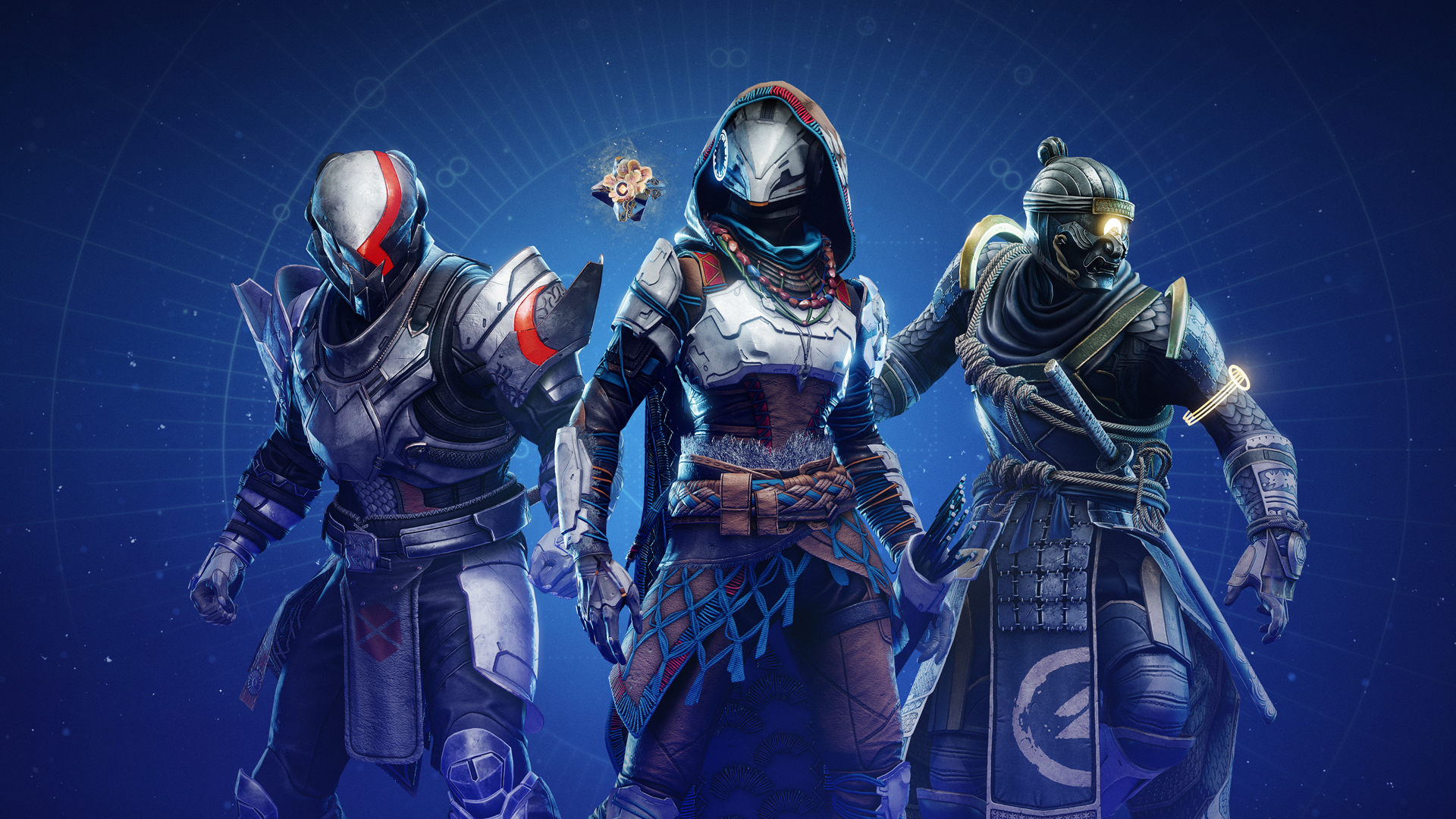 Ensembles d'armures Destiny 2 PlayStation - Ensemble God of War pour Titans, Ensemble Horizon pour Hunters et Ensemble Ghosts of Tsushima pour Warlocks