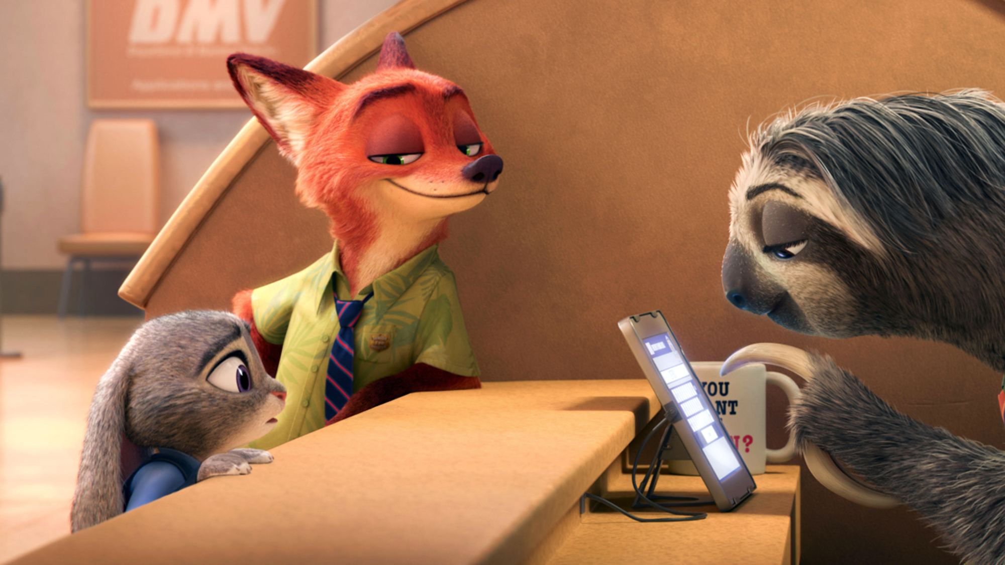 Judy et Nick au comptoir avec un paresseux à Zootpia