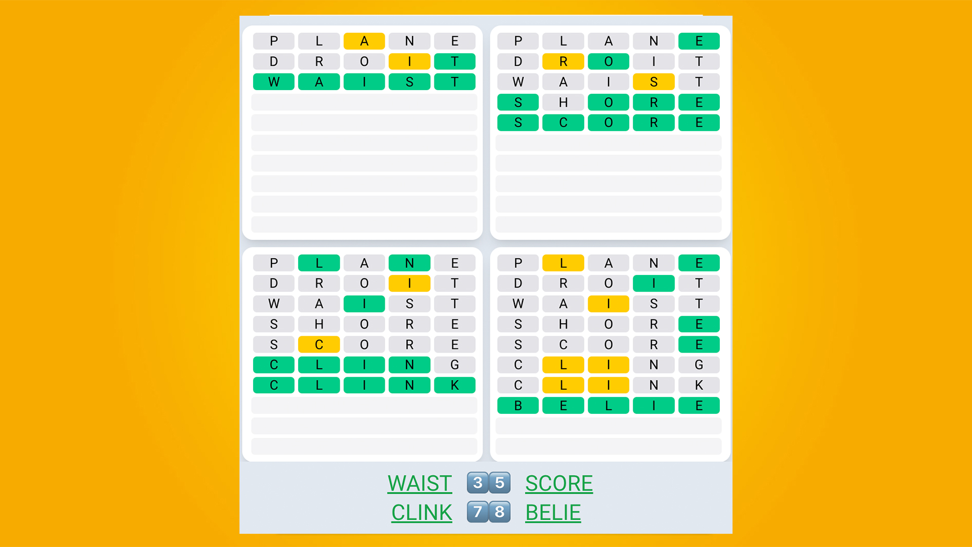 Réponses Quordle Daily Sequence pour le jeu 490 sur fond jaune