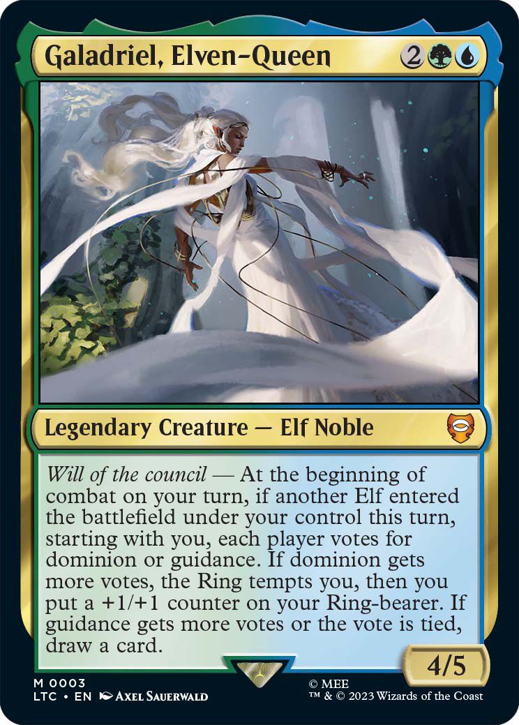 Art from Magic: The Gathering Le Seigneur des Anneaux: Contes de la Terre du Milieu.  L'image montre Galadriel, reine elfique.  Elle tord son corps et les nombreuses ceintures de sa robe se tordent avec elle alors qu'elle tend la main. 