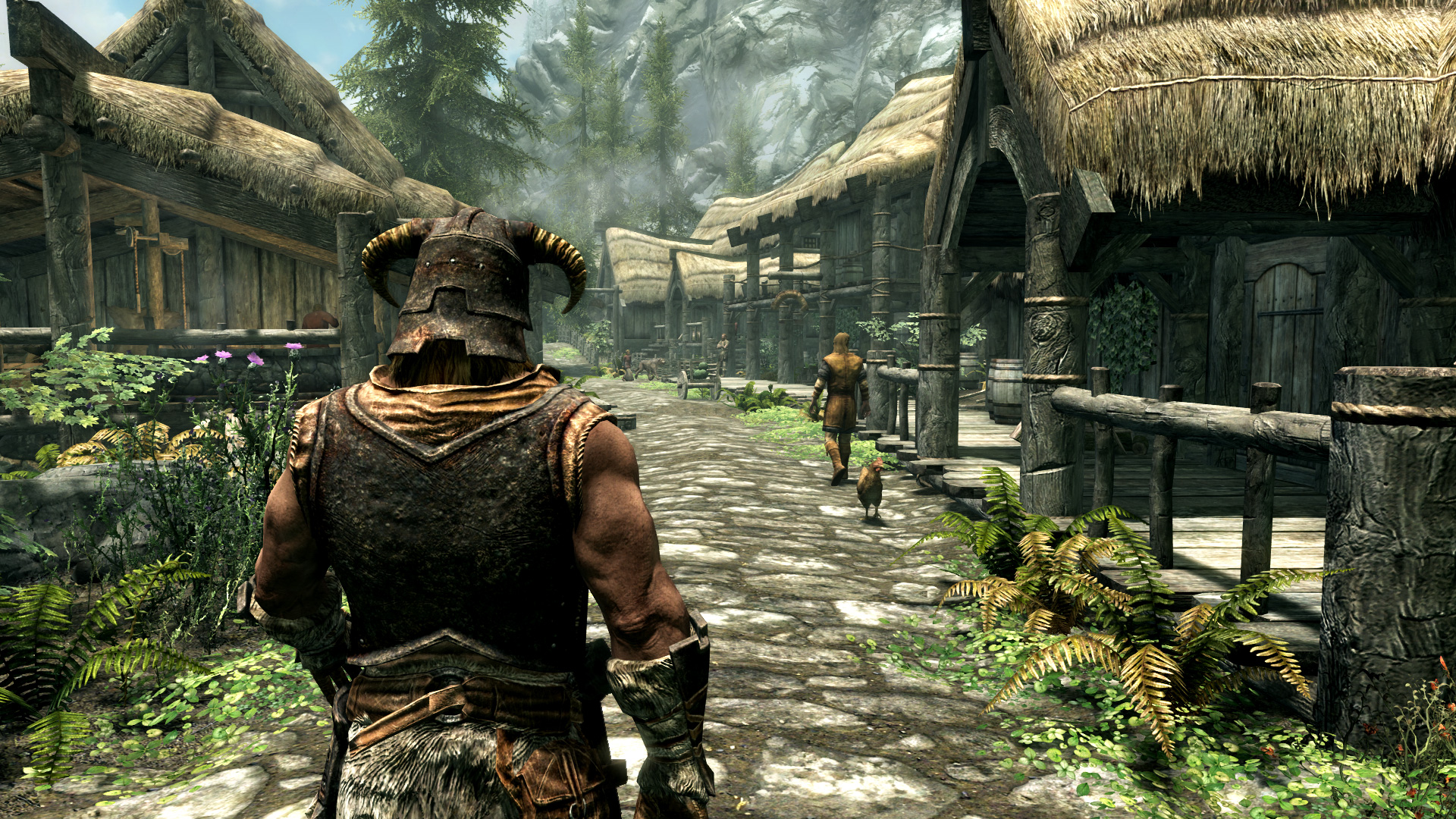 L'Enfant de Dragon traversant une ville dans The Elder Scrolls V: Skyrim.