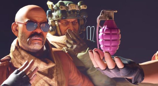 Two men gasp at a magenta grenade