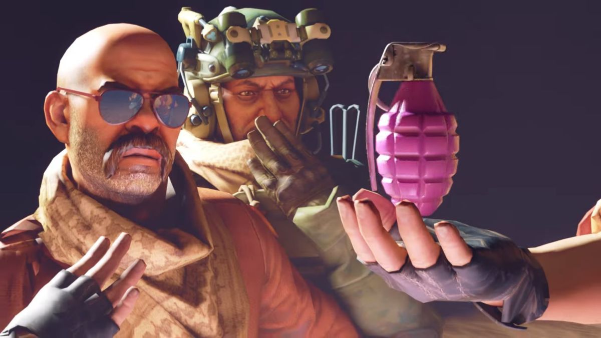 Two men gasp at a magenta grenade