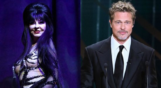 Elvira performing and Brad Pitt accepting an award.