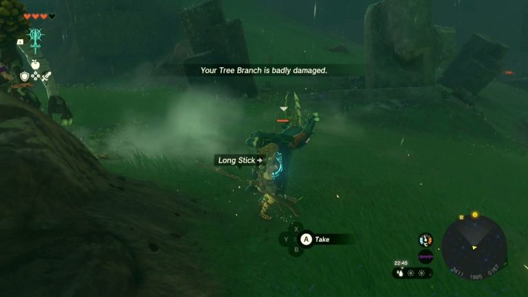 A screenshot of The Legend of Zelda: Tears of the Kingdom to demonstrate whether you can repair items by showing a badly damaged tree branch.