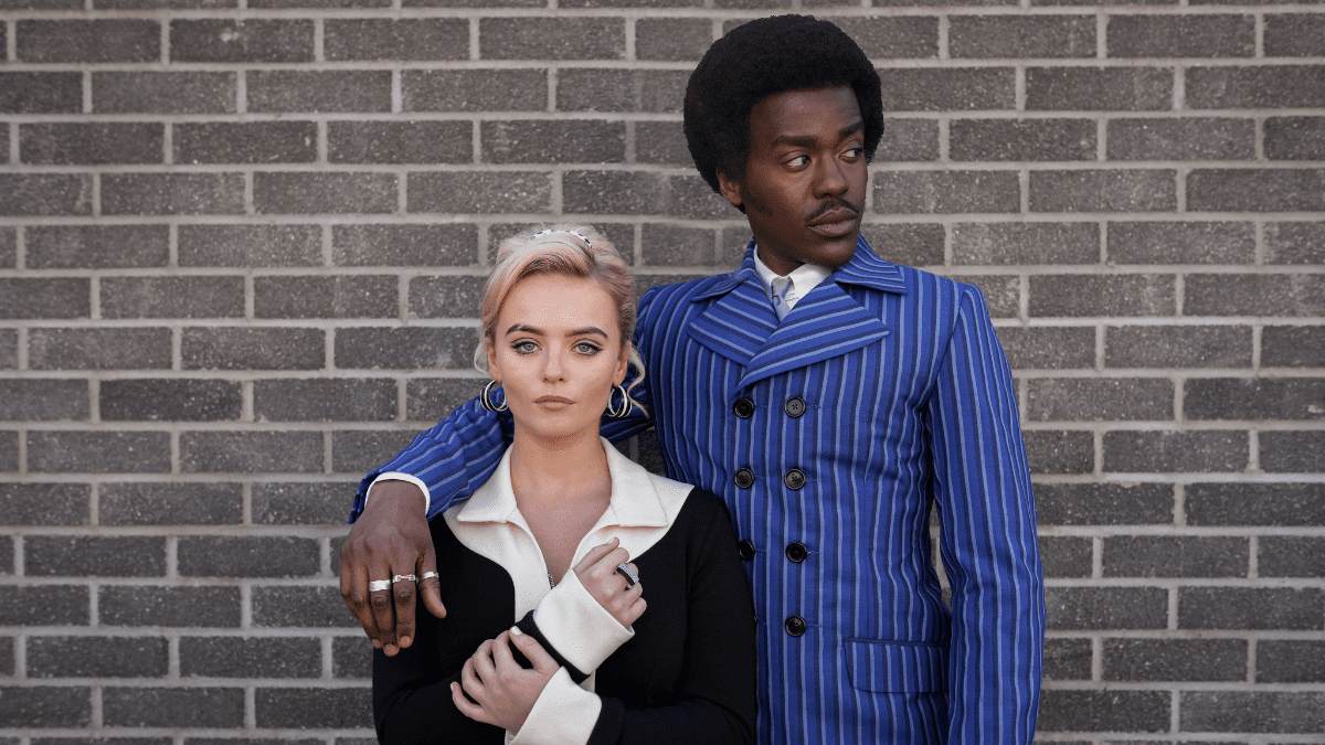 Ncuti Gatwa and Mollie Gibson dressed in swinging 60s clothes as The Doctor and Ruby Sunday