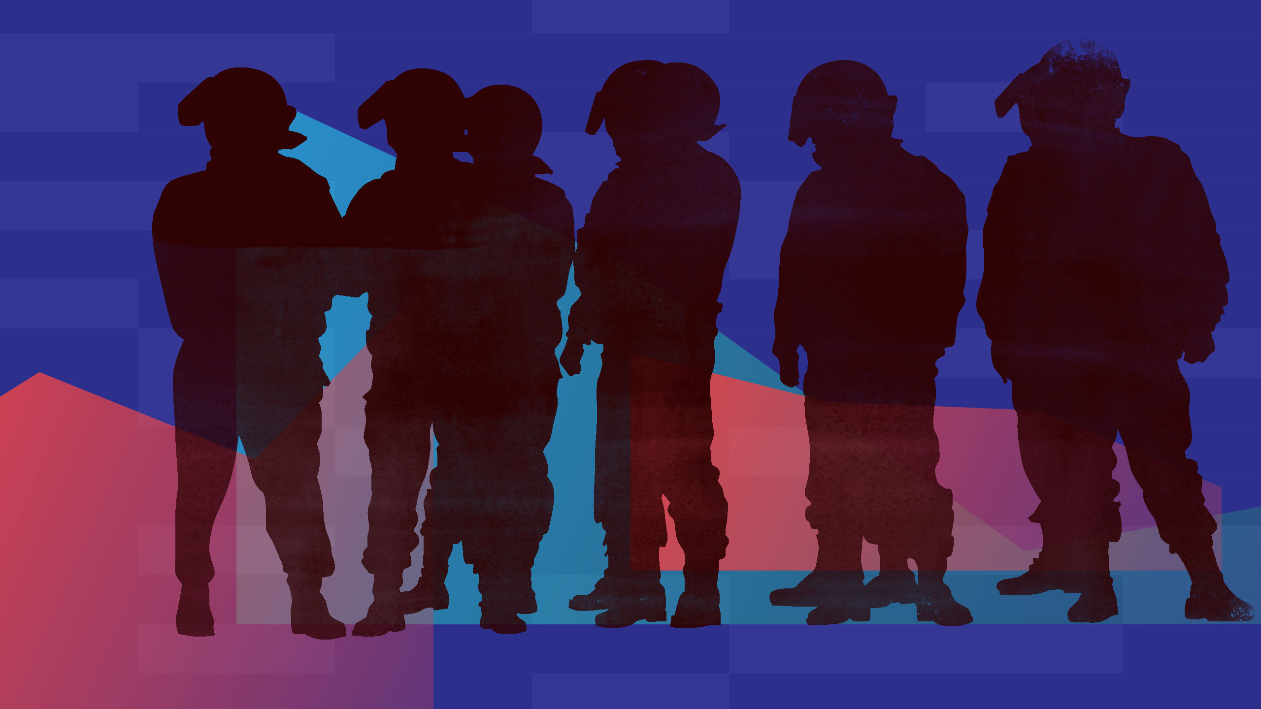 Illustration montrant des silhouettes de police sur un fond abstrait.