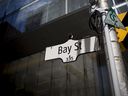 Un panneau de Bay Street dans le quartier financier de Toronto.