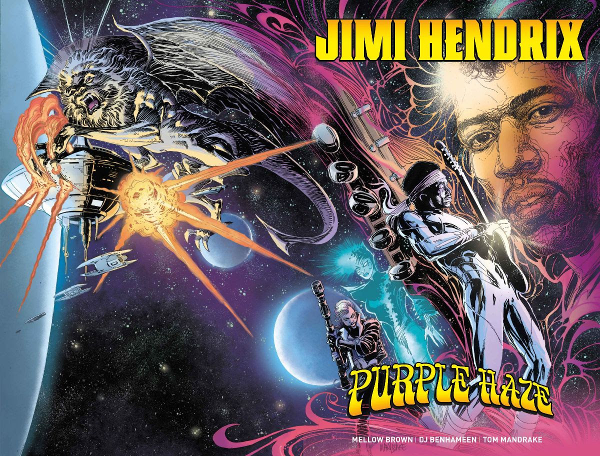 Jimi Hendrix joue de la guitare dans l'espace tandis qu'un vaisseau spatial explose derrière lui.