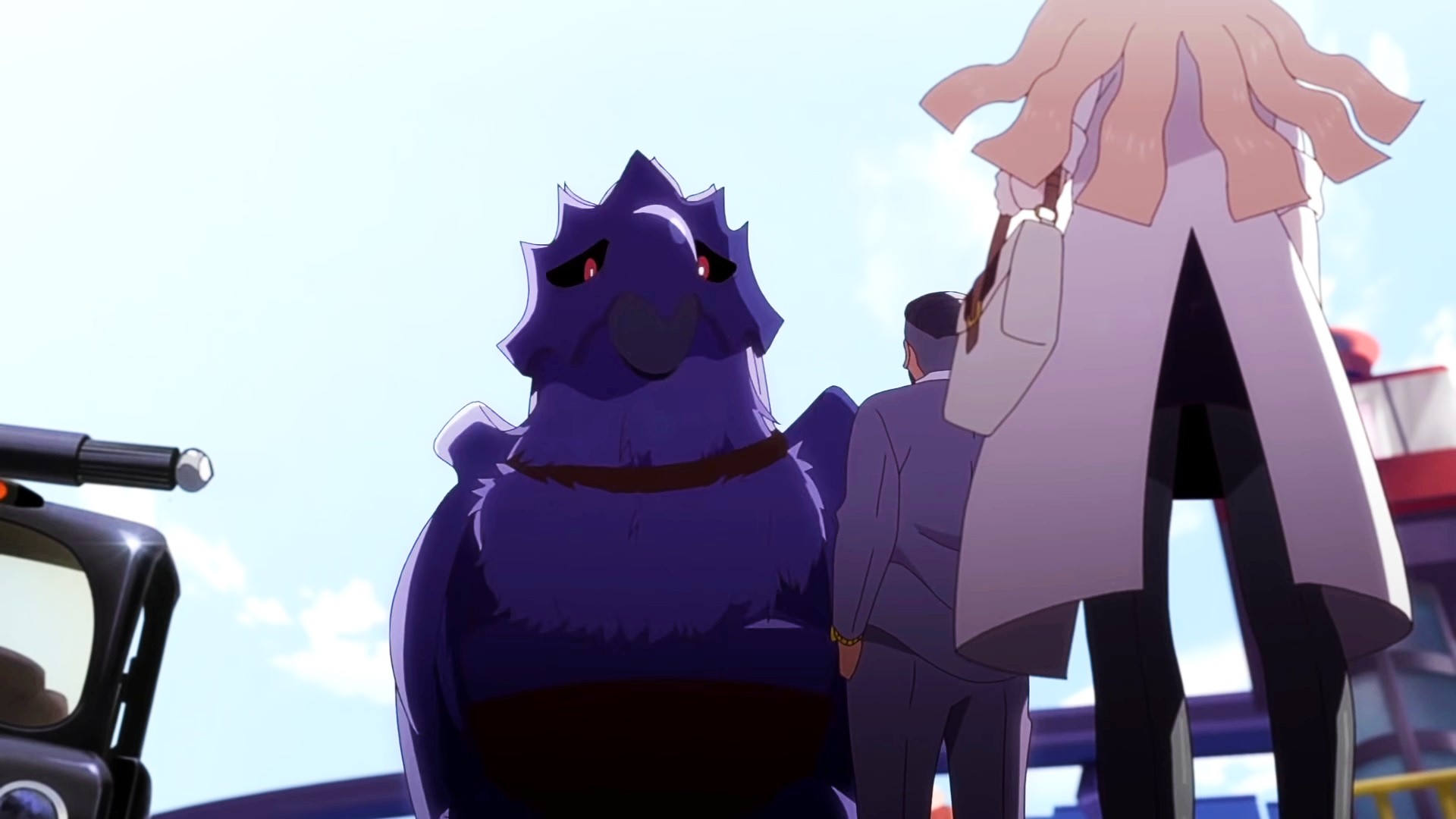 Un Corviknight stressé regarde un personnage Pokémon