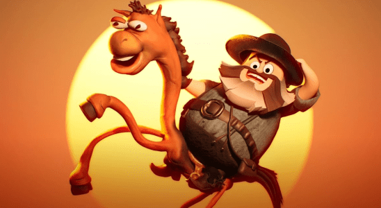 Animated Jack Black dressed as a cowboy and riding a horse from the music video