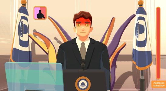 Generic caucasian american president character standing at podium with tentacles emerging behind him