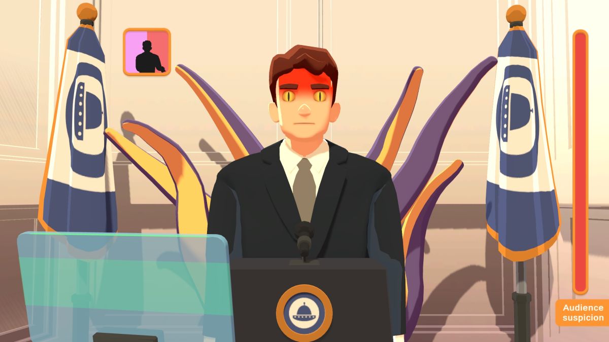 Generic caucasian american president character standing at podium with tentacles emerging behind him