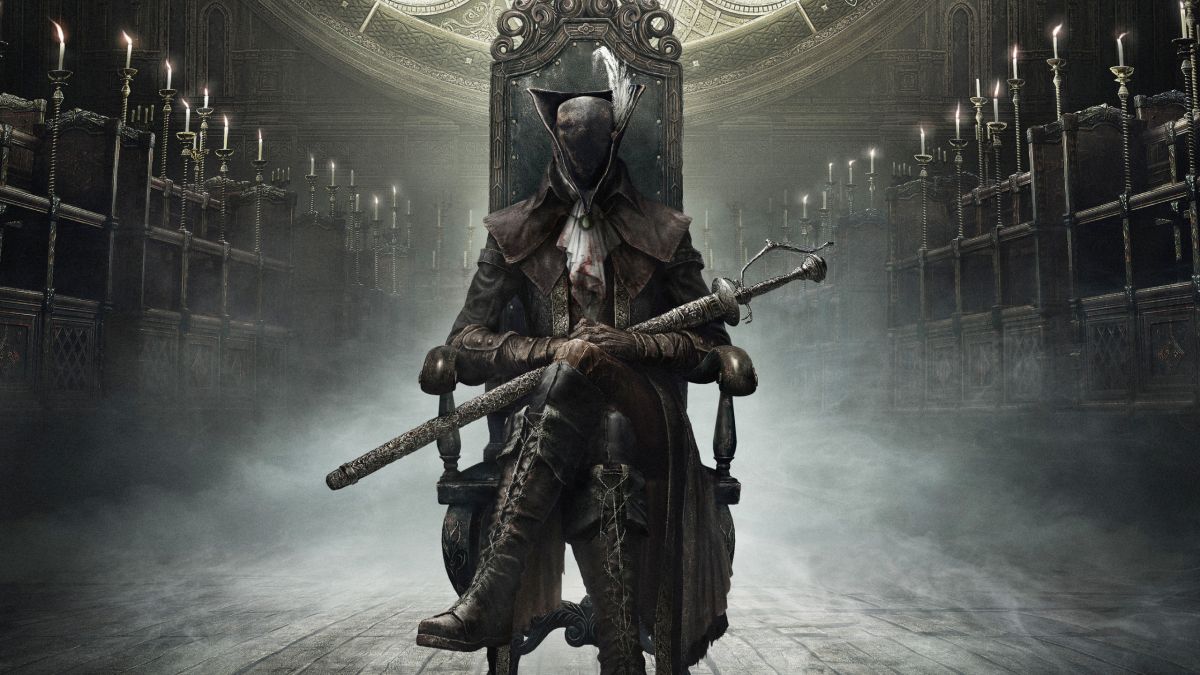 Bloodbourne person clad in black sitting on throne