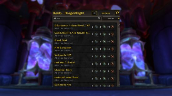 Une capture d'écran de WoW Dragonflight à la recherche d'un outil de raid de groupe montrant Aberrus 