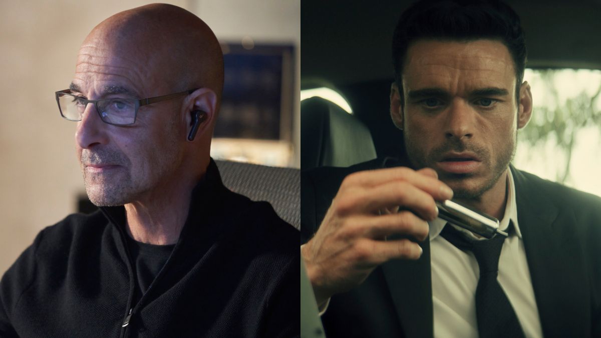 Stanley Tucci and Richard Madden pictured side by side, from Citadel.