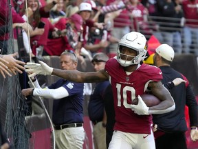 Le receveur large des Cardinals de l'Arizona DeAndre Hopkins célèbre un touché avec les fans.