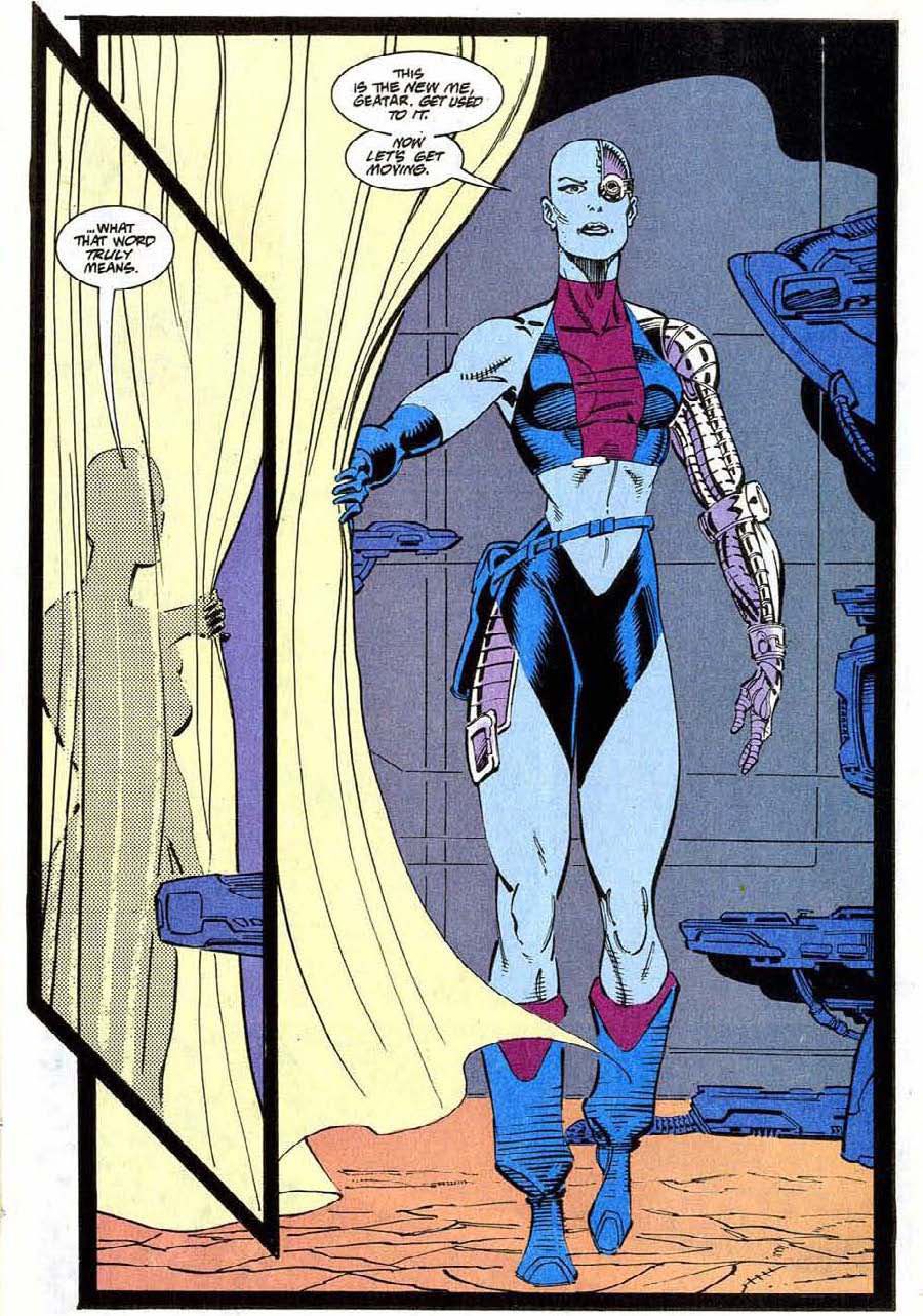 Nebula sort de derrière un rideau dans son nouveau look : un bras et un œil de Cyborg, un débardeur serré, des gants, des bottes et une sorte de sous-vêtement vraiment bizarre, un vêtement moulant de type short court dans Silver Surfer #73 ( 1992). 