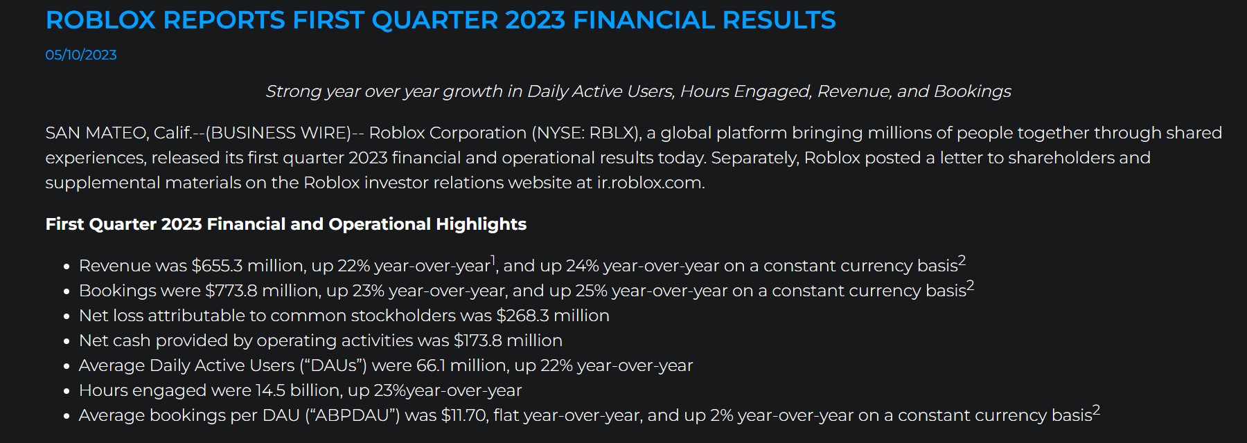 Rapport financier Roblox Q1 FY2023