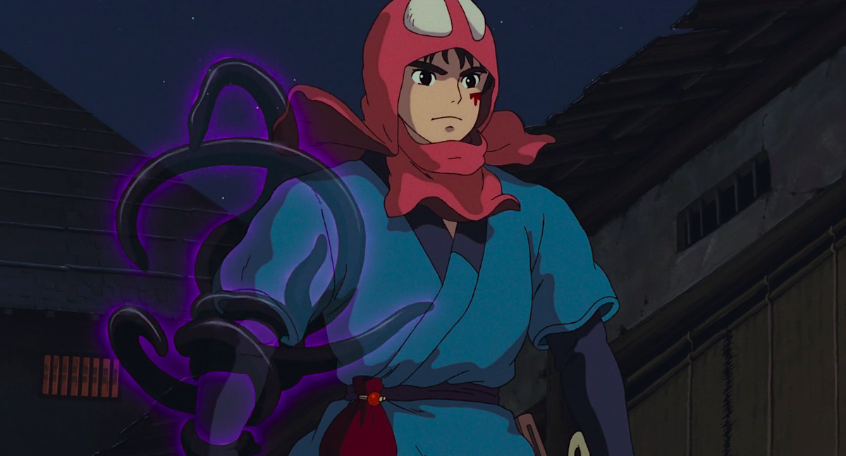 Le guerrier Ashitaka avance, son bras droit se tordant avec les tentacules violettes semi-translucides de sa malédiction spirituelle, dans Princess Mononoke