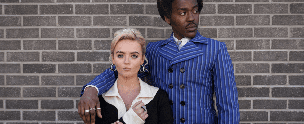 Ncuti Gatwa and Mollie Gibson dressed in swinging 60s clothes as The Doctor and Ruby Sunday