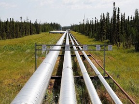 Des pipelines de pétrole, de vapeur et de gaz naturel mènent à une exploitation de sables bitumineux près de Cold Lake, en Alberta.  La production canadienne de sables bitumineux devrait augmenter à 3,7 millions de barils par jour d'ici 2030.