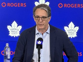 Le président des Maple Leafs, Brendan Shanahan, annonce officiellement que le directeur général Kyle Dubas ne sera pas de retour avec l'organisation, à Toronto, le vendredi 19 mai 2023.