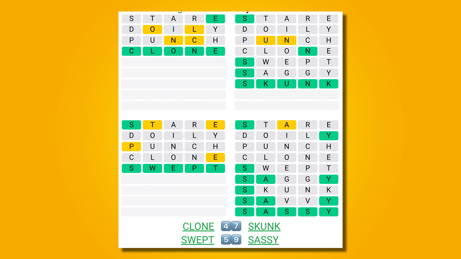 Quordle répond au jeu 475 sur fond jaune