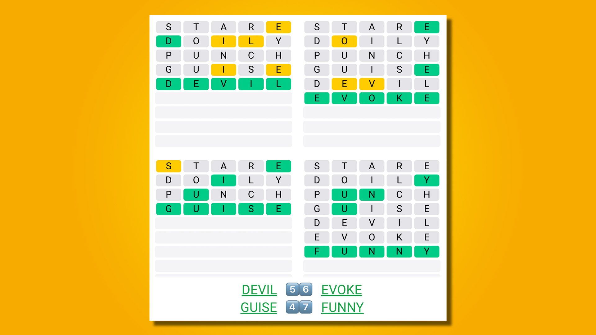 Quordle répond au jeu 482 sur fond jaune