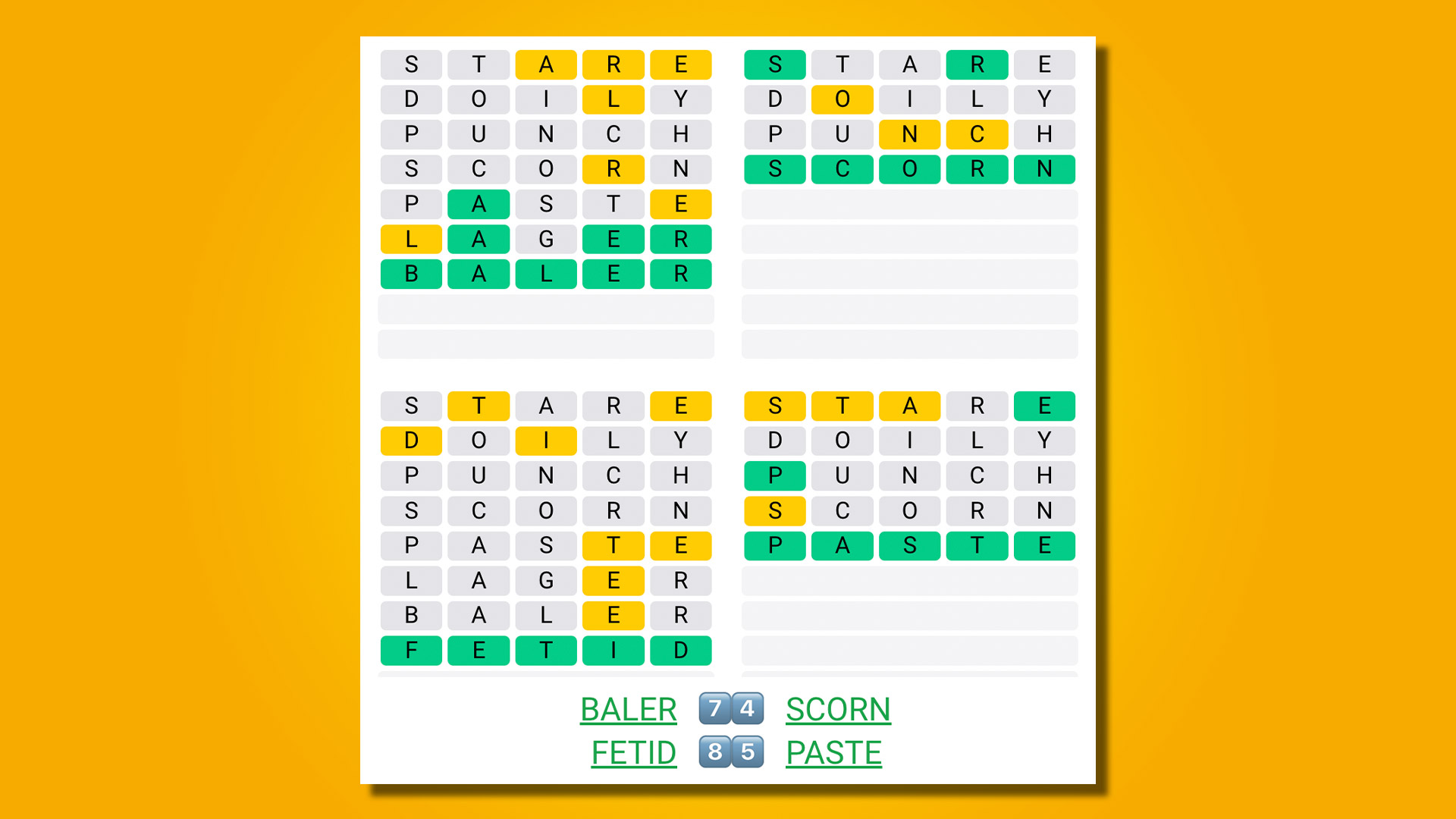 Quordle 465 réponses sur fond jaune