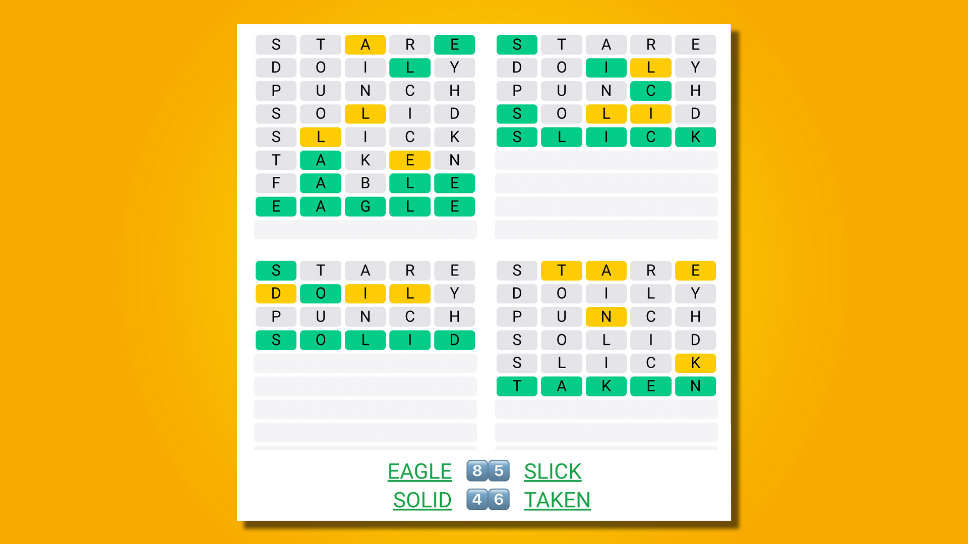 Réponse Quordle pour le jeu 483 sur fond jaune