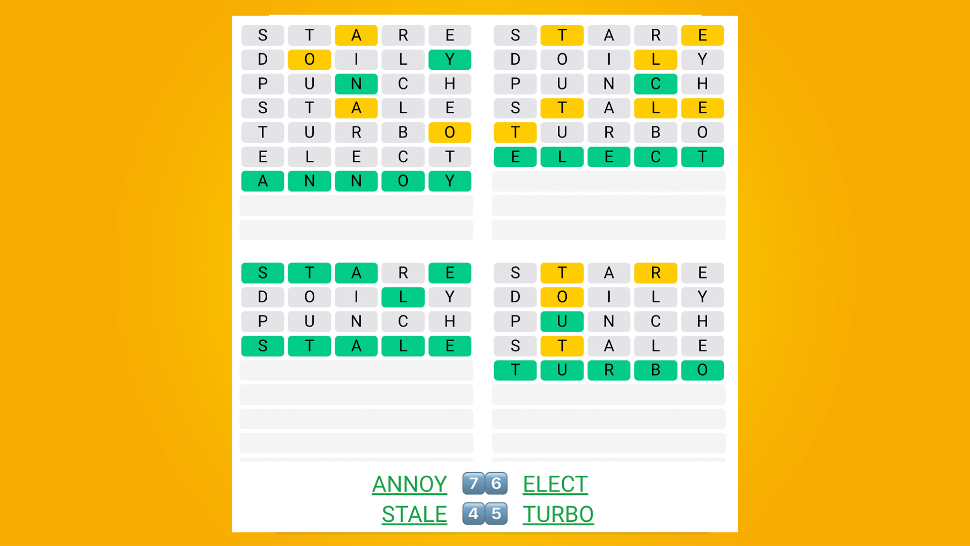 Quordle répond au jeu 490 sur fond jaune