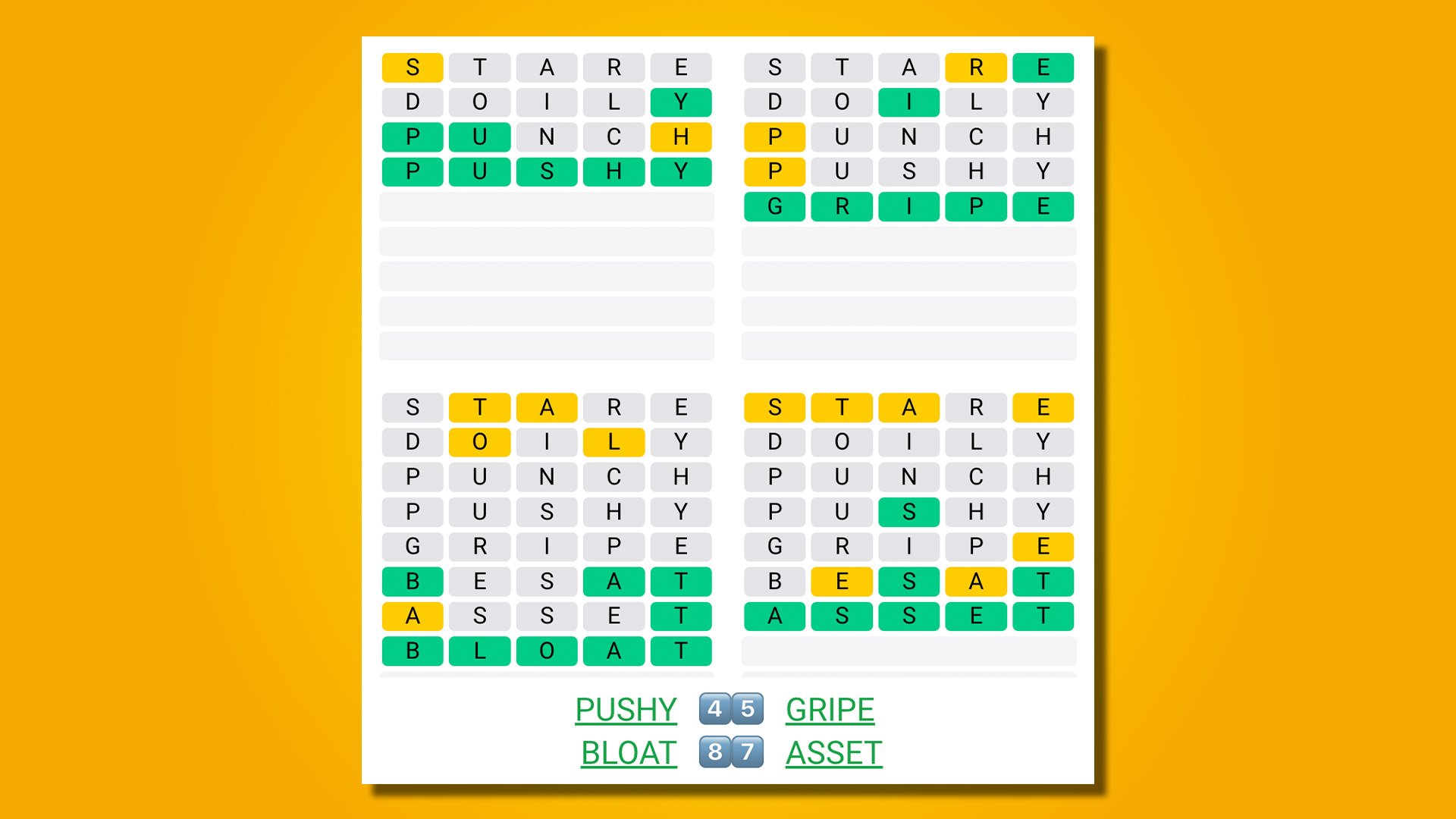 Quordle répond 469 sur fond jaune