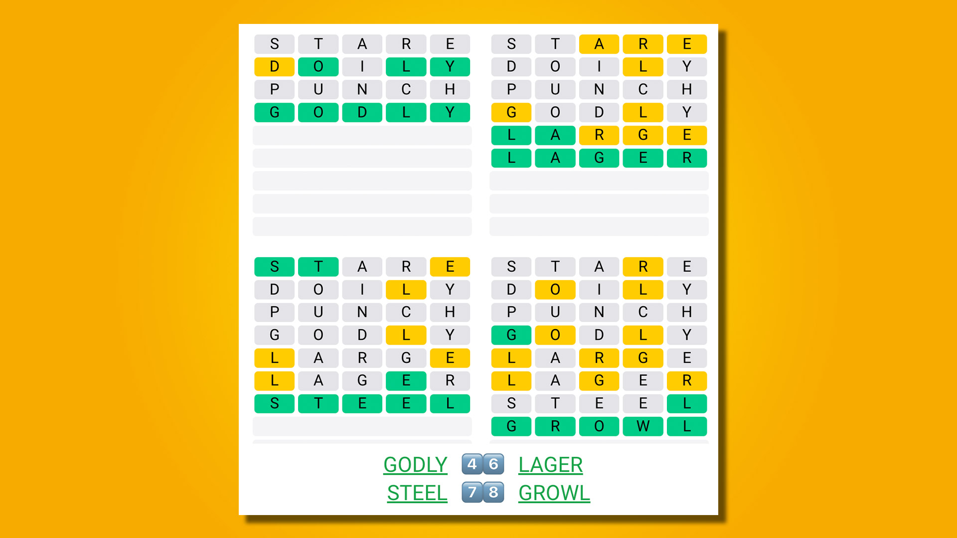 Quordle répond au jeu 464 sur fond jaune