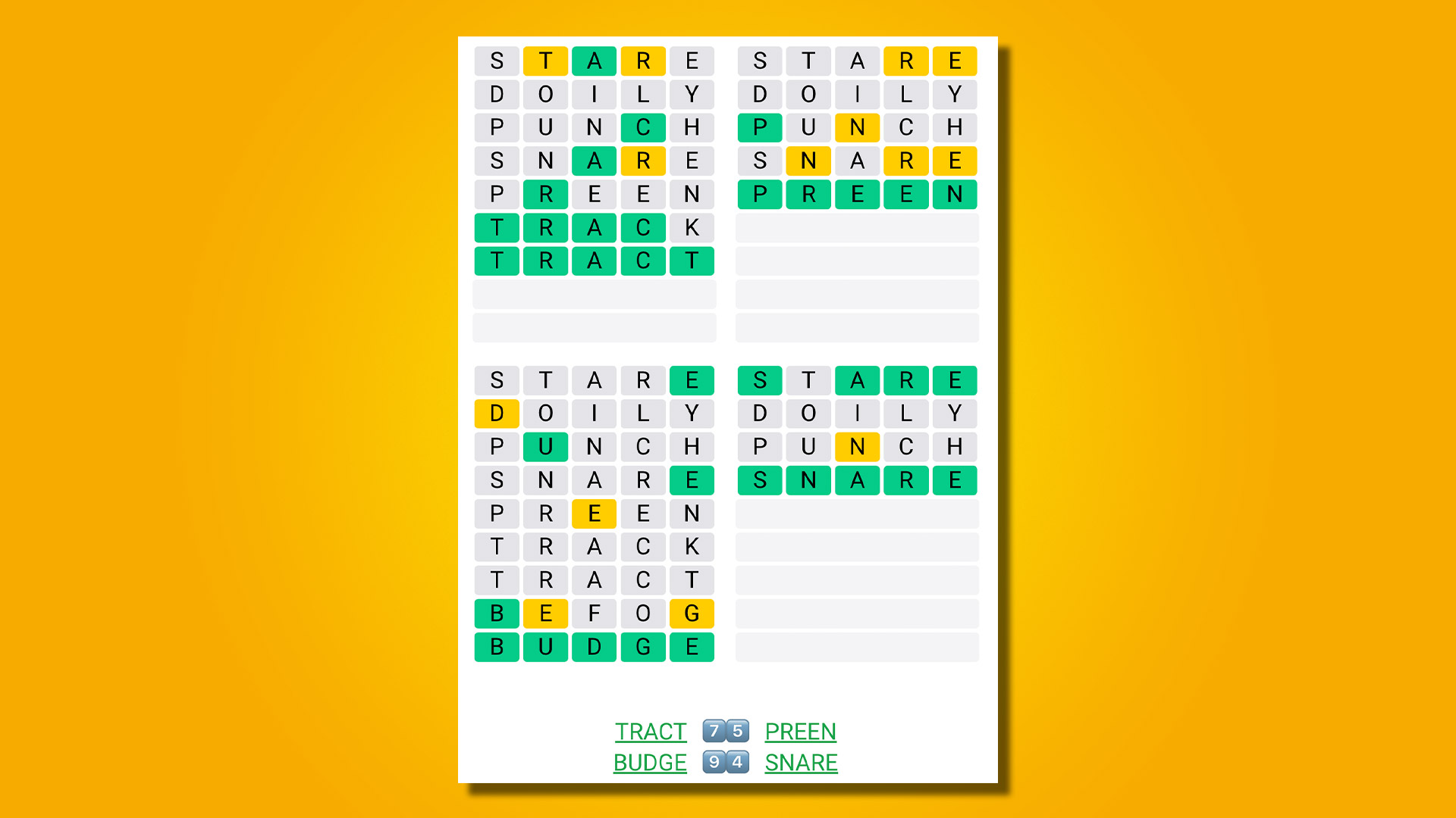 Quordle répond au jeu 474 sur fond jaune