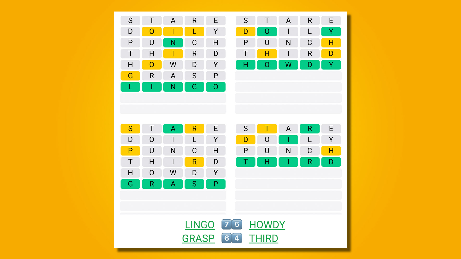 Réponse Quordle pour le jeu 481 sur fond jaune