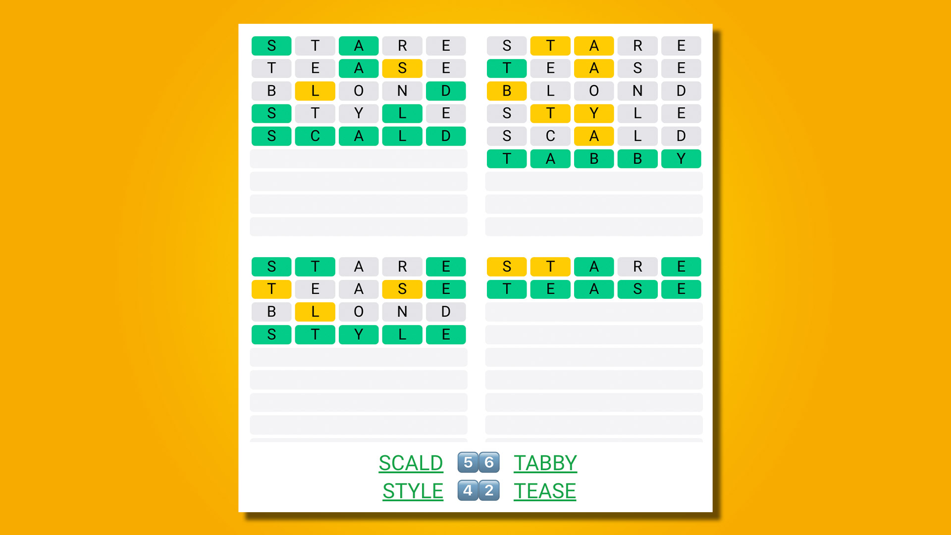 Quordle 467 réponses sur fond jaune