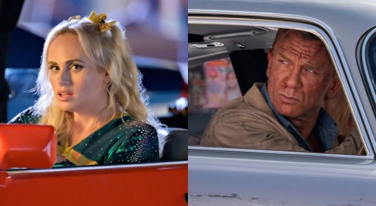 Rebel Wilson in Senior Year and Daniel Craig in No Time To Die, pictured in separate cars side by side.
