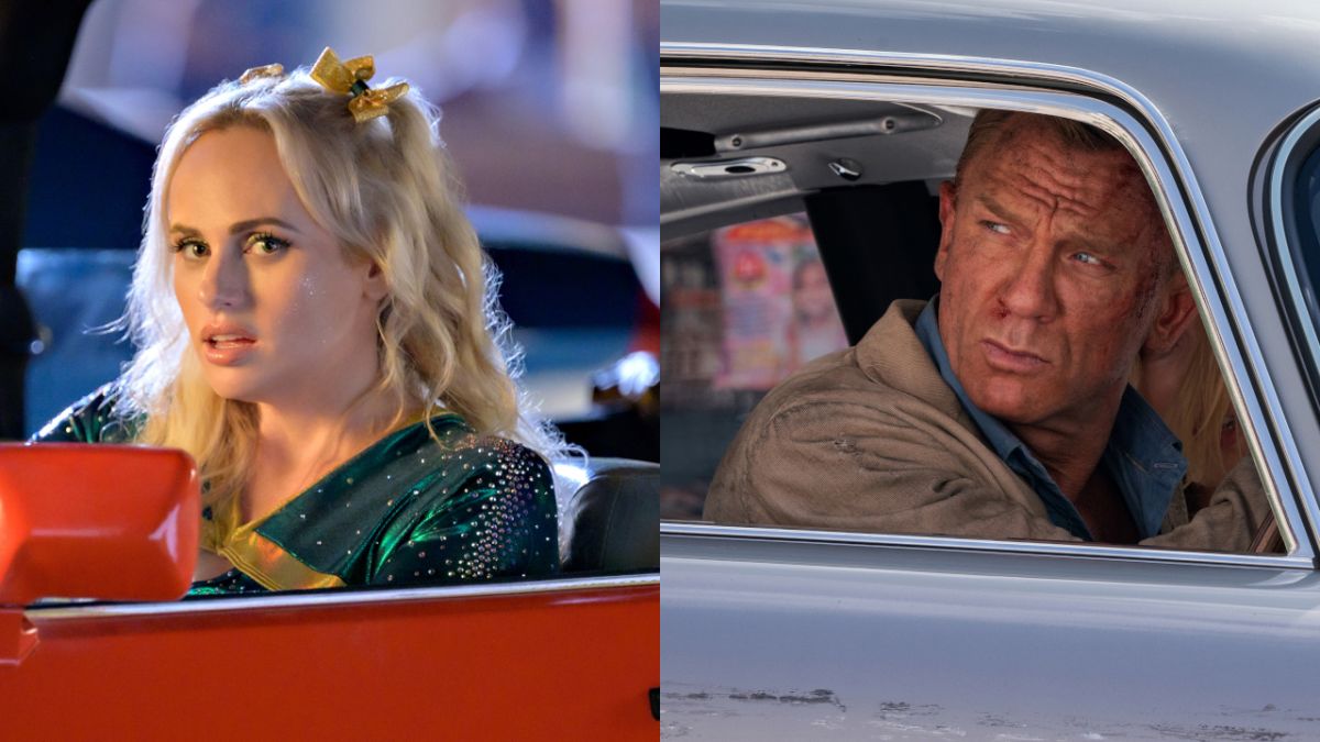 Rebel Wilson in Senior Year and Daniel Craig in No Time To Die, pictured in separate cars side by side.