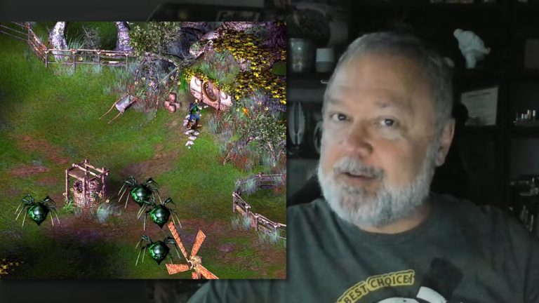 Tim Cain next to a gameplay screenshot of his prototype LotR videogame.