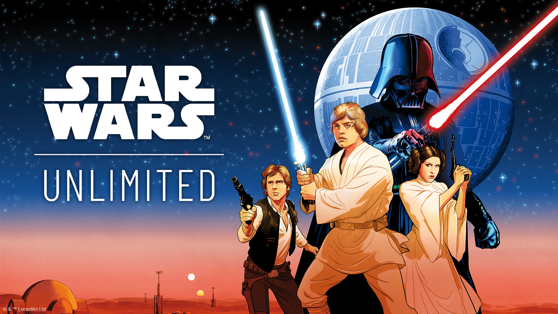 Luke, Han, Leia et Dark Vador se tiennent devant l'étoile de la mort dans les illustrations de Star Wars : Unlimited