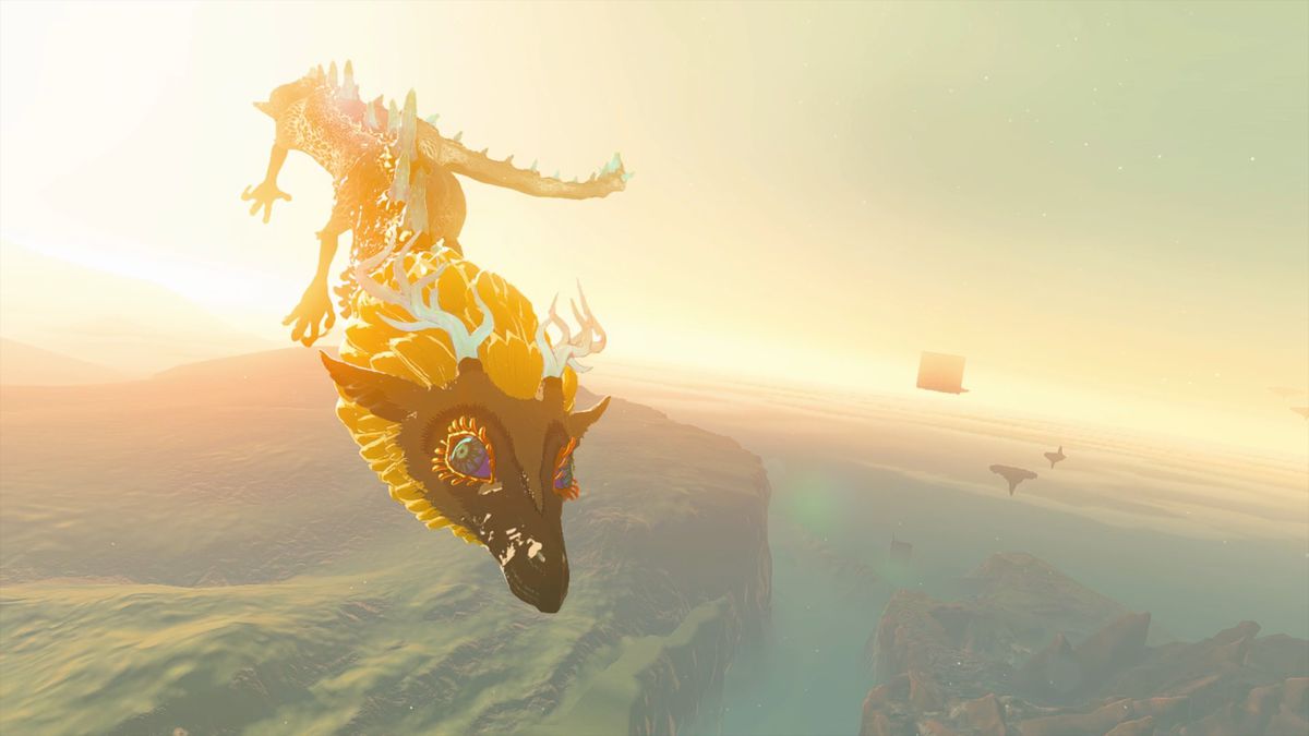 Le Dragon de Lumière, aux cheveux jaunes fluides, aux cornes bleues éthérées et aux écailles dorsales, vole dans le ciel d'Hyrule