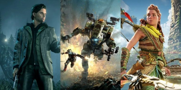 A split image of Alan Wake, Aloy in Horizon: Forbidden West, and Cooper and BT in Titanfall 2