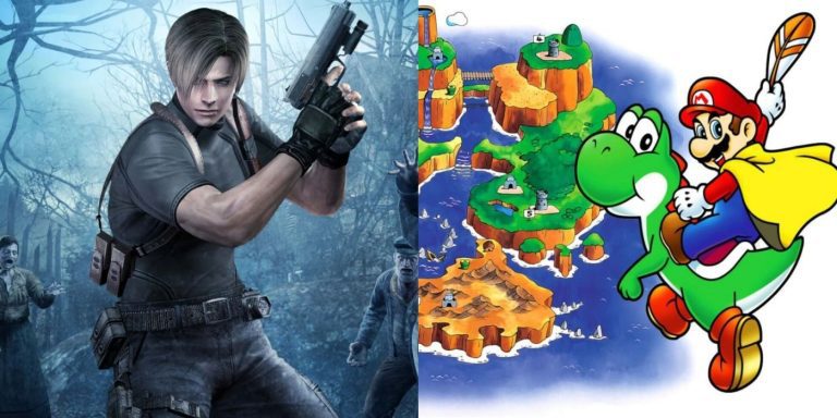 Split image of Leon in Resident Evil 4 and Mario with Yoshi in Super Mario World key art.