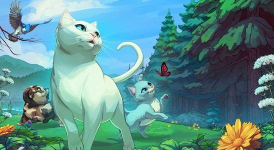 Cattails: Wildwood Story - key art of a while cat walking through a forest followed by calico and bluish kittens chasing butterflies