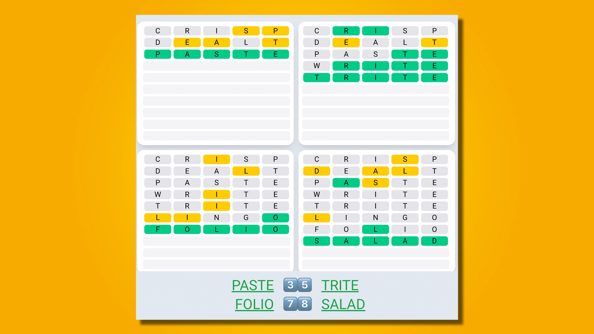 Quordle Daily Sequence répond au jeu 496 sur fond jaune