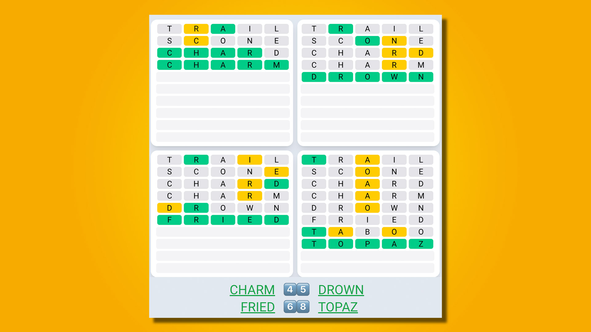 Réponse Quordle Daily Sequence pour le jeu 497 sur fond jaune