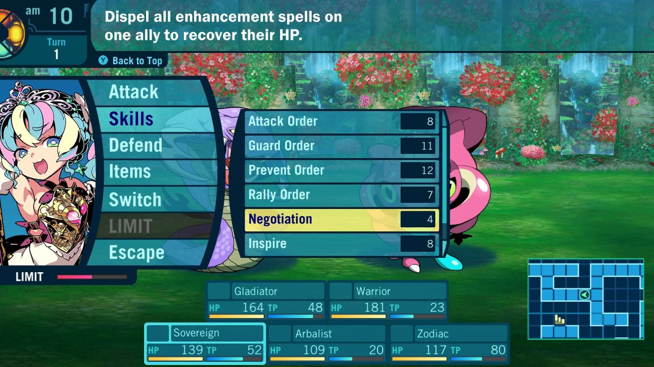 Menu examinant les compétences de la classe souveraine avec le "Négociation" compétence sélectionnée dans Etrian Odyssey III.