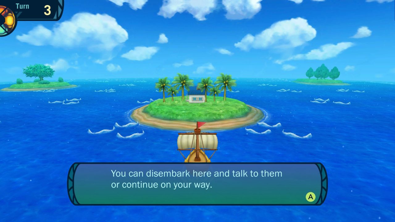 Le navire arrive sur une île avec une invite indiquant "Vous pouvez débarquer ici et leur parler ou continuer votre chemin" dans le contenu maritime d'Etrian Odyssey III.